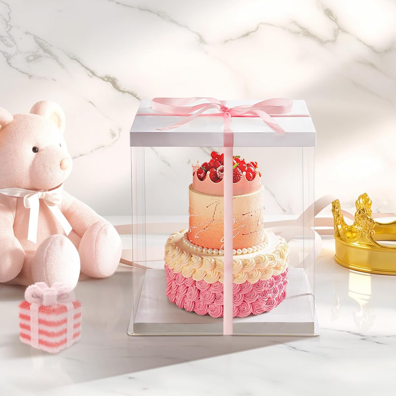 Clear Cake Box, 34x34x37CM for 12 Inch Tall Cake Box, Transparent Cake gift Boxes with Lid & Ribbon, Plastic Cube Cake Gift Packaging Boxes for Birthday Wedding Christmas Party Secondary image