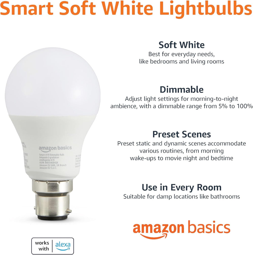 Smart Dimmable LED Light Bulb, B22 Base, Soft White, 8W (60W Equivalent), Works with Alexa Only, 1 Pack