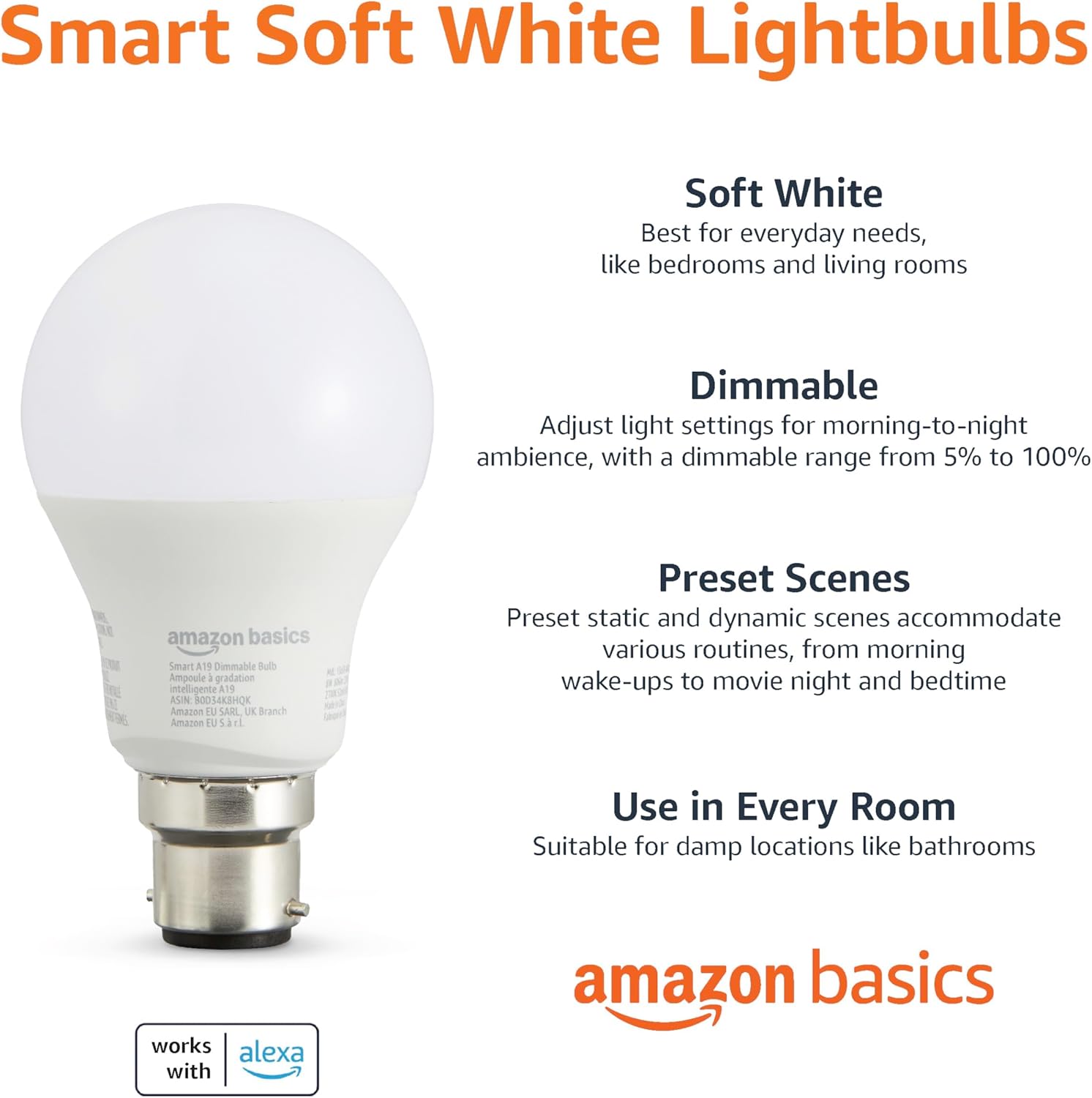Smart Dimmable LED Light Bulb, B22 Base, Soft White, 8W (60W Equivalent), Works with Alexa Only, 1 Pack