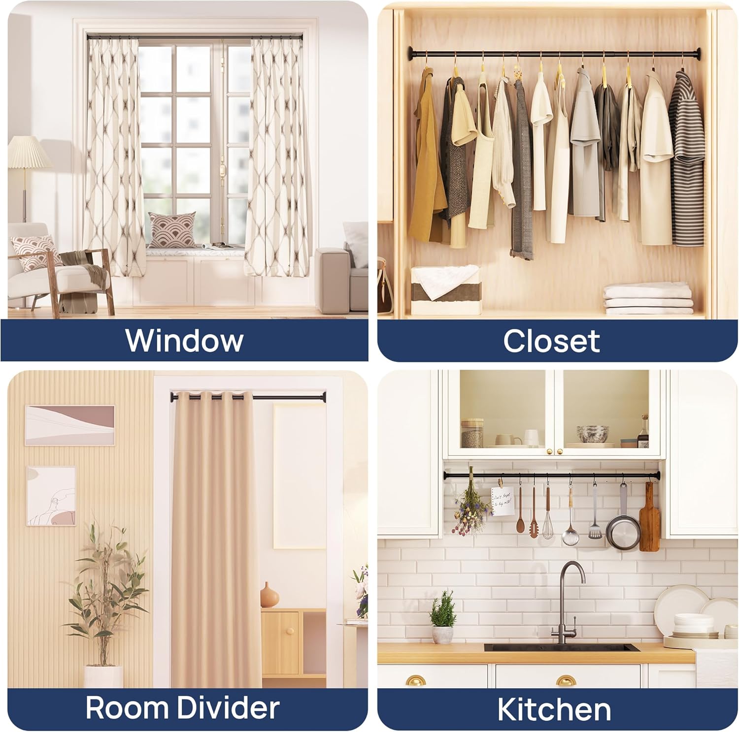 Matte Black Shower Curtain Pole 84 to 183 cm, 1 Inch Extendable Tension Rods for Curtains No Drill, Shower Rail for Bathroom, Closet, Window, Room Divider, Never Rust, Non Slip