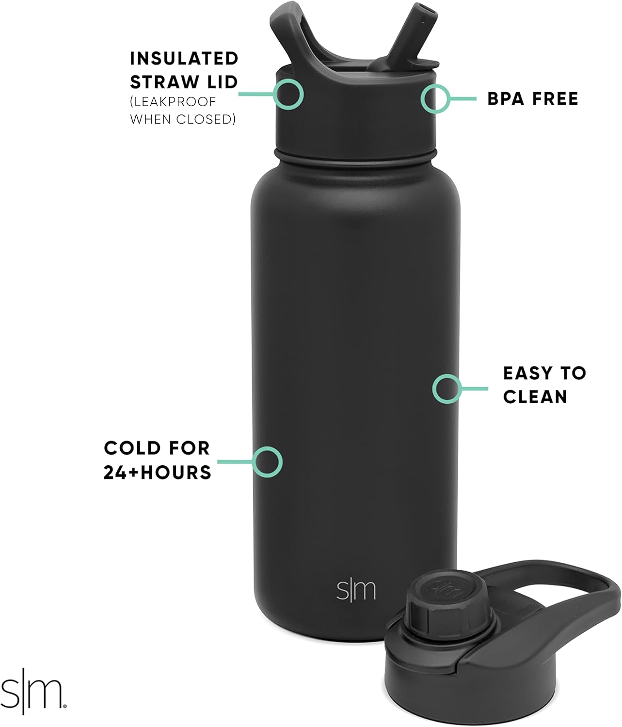 Simple Modern Water Bottle with Straw and Chug Lid | Insulated Stainless Steel Bottle for Sports Gym | Summit Collection | 950ml | Midnight Black Secondary image