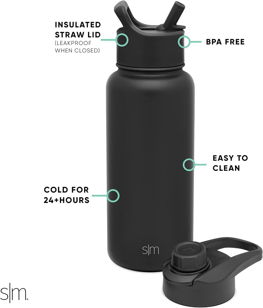 Simple Modern Water Bottle with Straw and Chug Lid | Insulated Stainless Steel Bottle for Sports Gym | Summit Collection | 950ml | Midnight Black