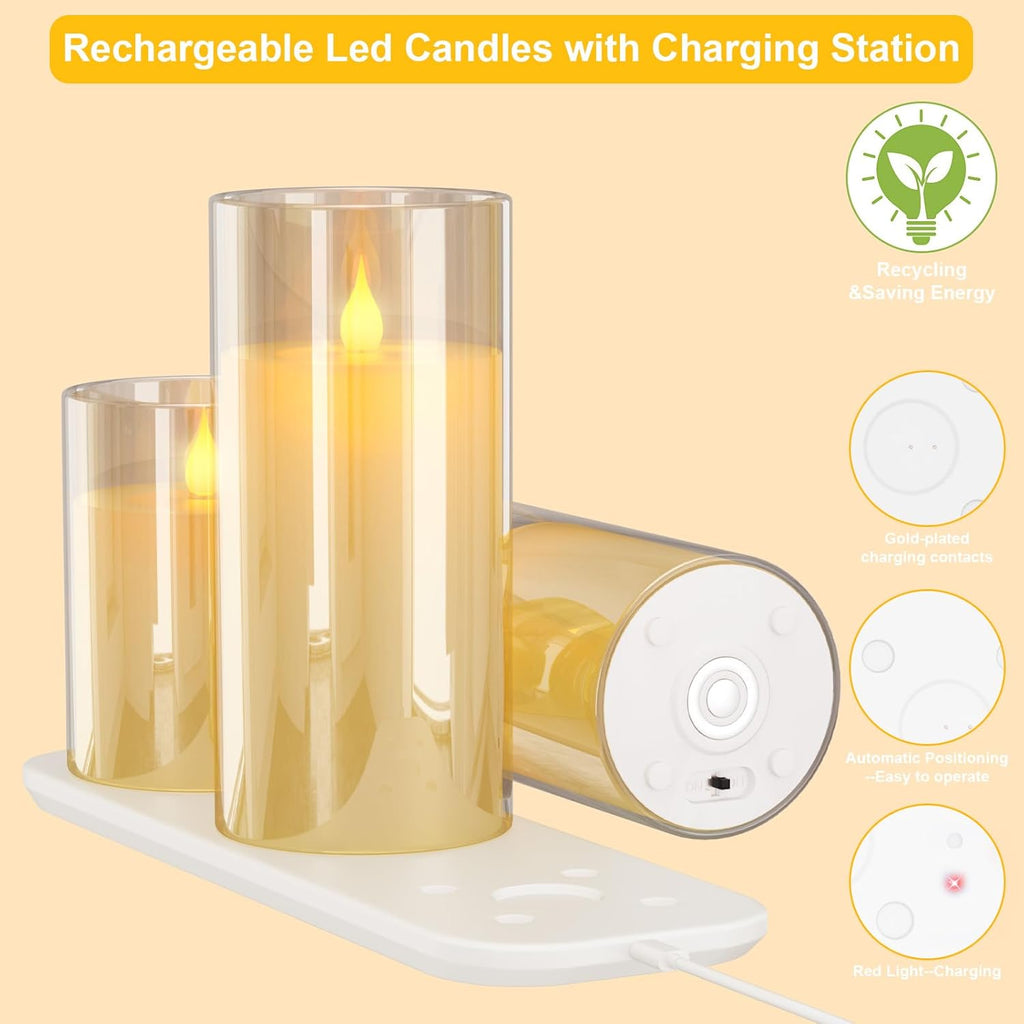 Rechargeable Flameless Candle, Set of 3 Flickering Glass LED Candles with Charging Base and Remote Control, Tea Lights with Timer Function for Festival Wedding Party Decoration