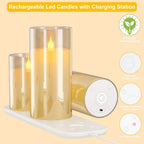 Rechargeable Flameless Candle, Set of 3 Flickering Glass LED Candles with Charging Base and Remote Control, Tea Lights with Timer Function for Festival Wedding Party Decoration