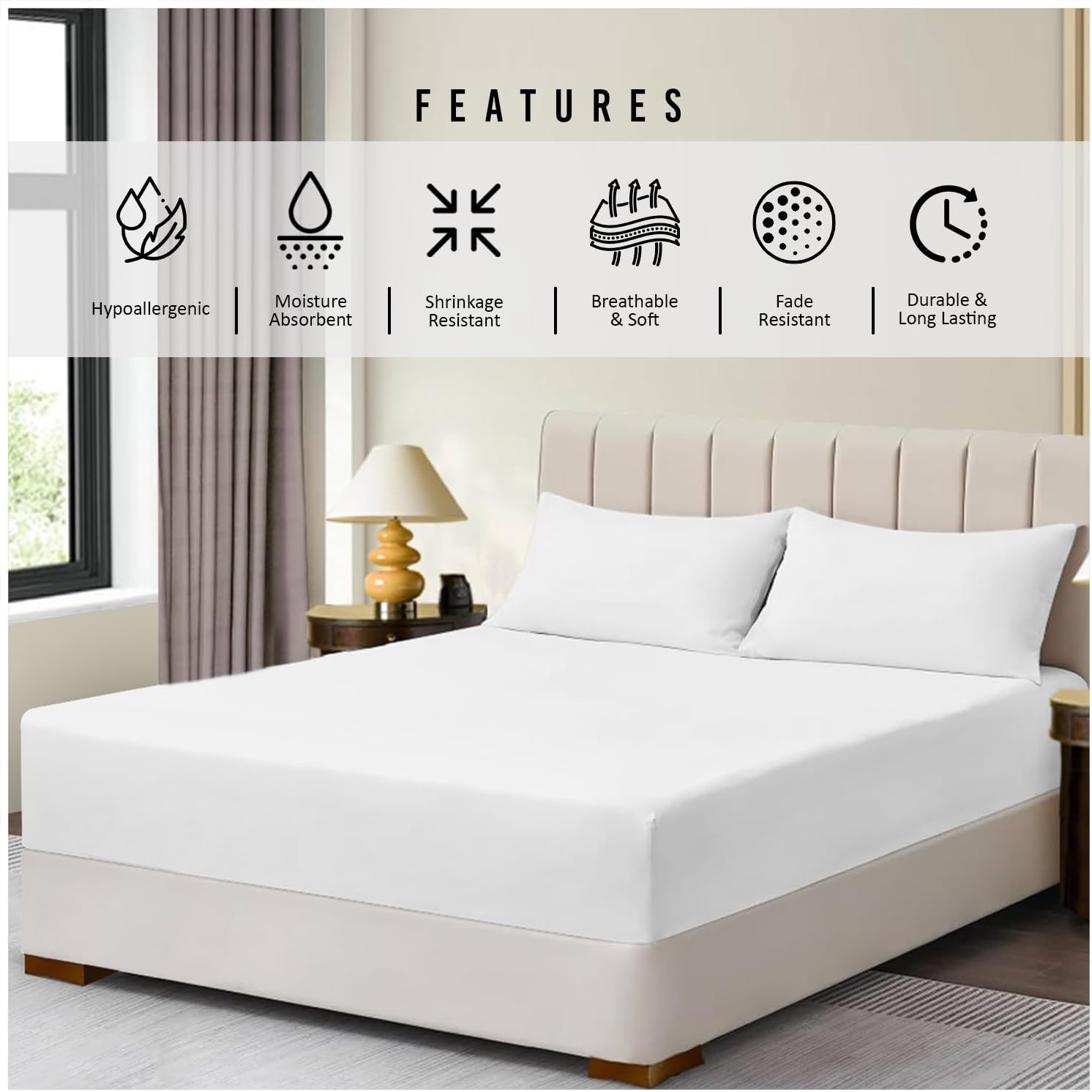 GC GAVENO CAVAILIA Super Dreamer King Size Fitted Sheet White - Plain Bedding Sheet With Elastic Corner - Polyester Fabric Bedsheet