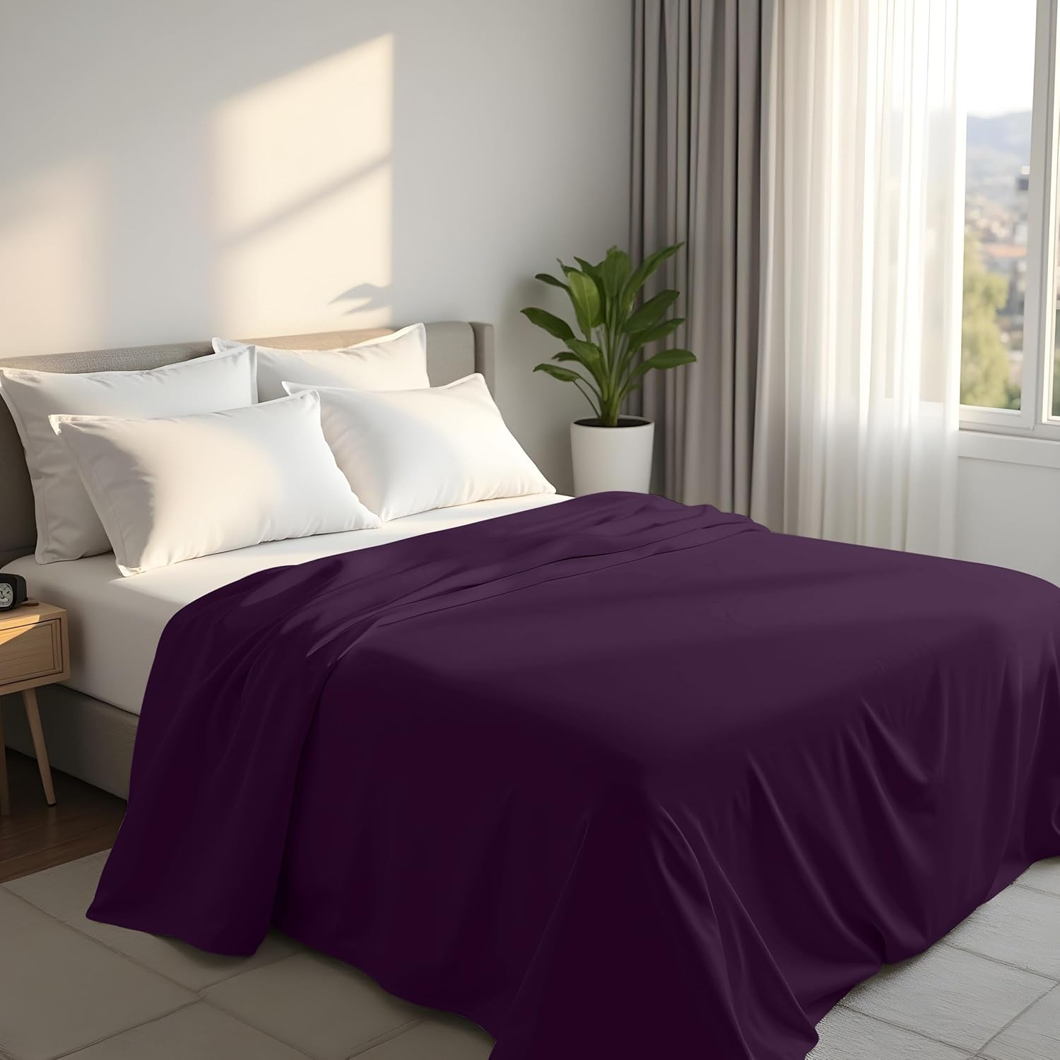 Flat Sheet Double Size - OEKO-TEX Certified - Easy Care Soft Brushed Polyester - Microfiber Fabric - Wrinkle, Shrinkage, and Fade Resistant - Purple Main image