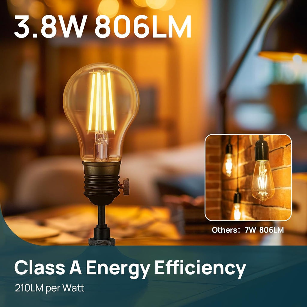 E27 LED Bulb, Energy Class A 3.8W=60W Equivalent, 2700K Warm White 806lm, Edison Screw in Light Bulb, Clear Glass Vintage Filament LED Bulb, 50000H Lifespan, 2-Pack