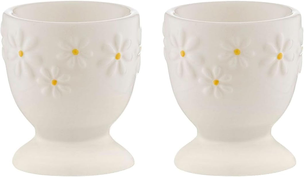 Daisy Set of 2 Egg Cups | Ceramic Egg Holders with Embossed Daisy Design | Dishwasher & Microwave Safe