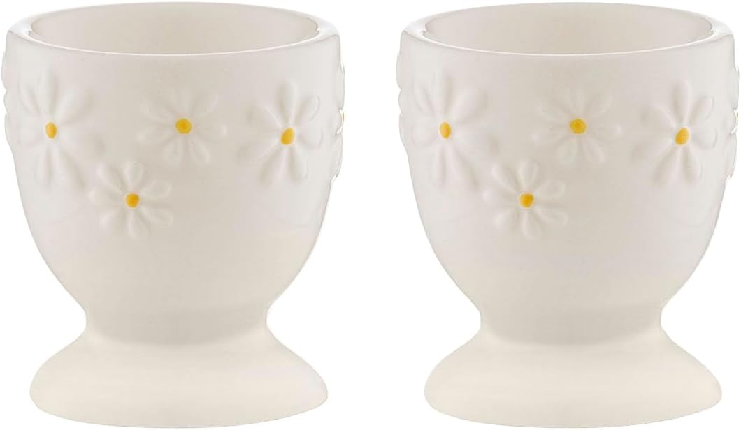 Daisy Set of 2 Egg Cups | Ceramic Egg Holders with Embossed Daisy Design | Dishwasher & Microwave Safe