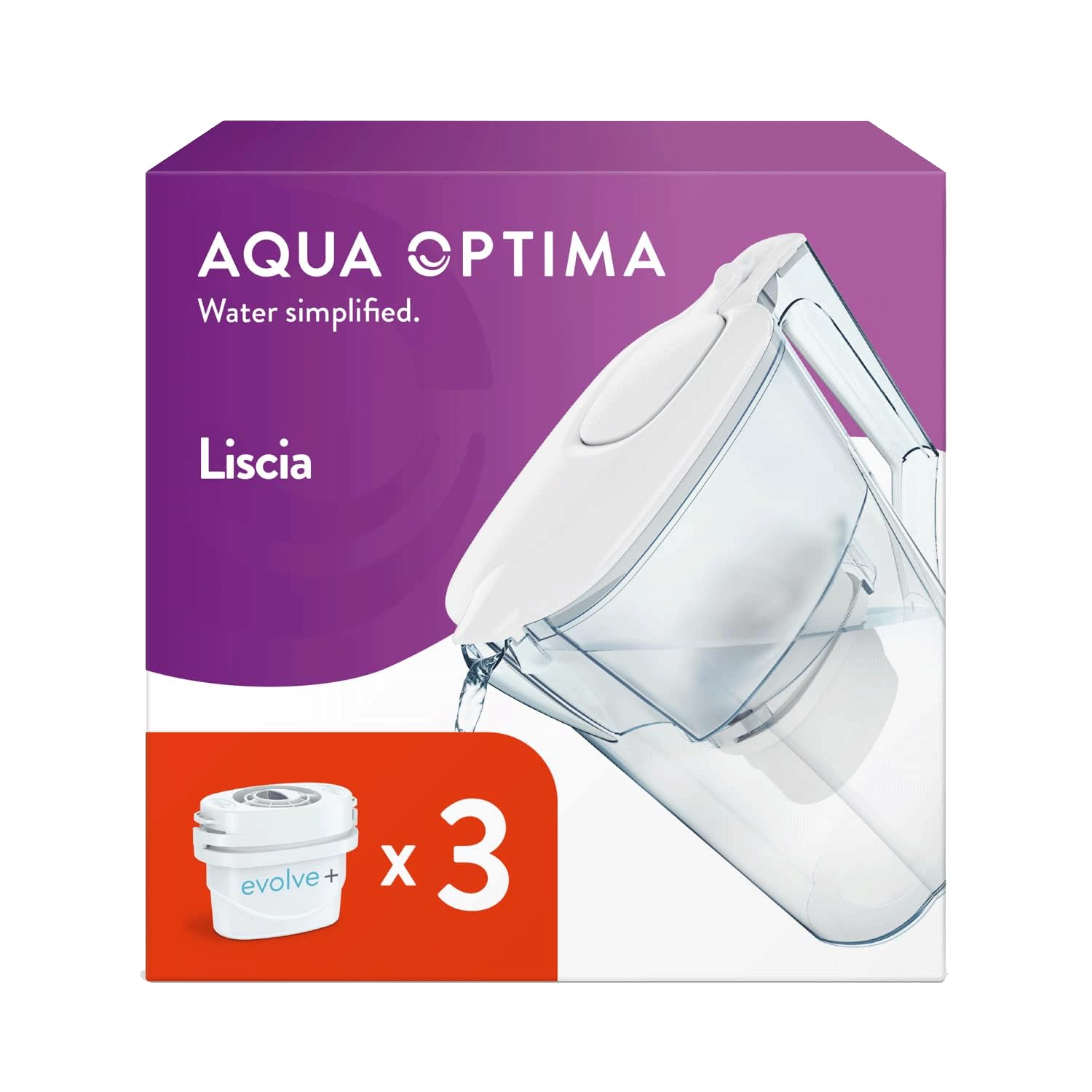 Aqua Optima Liscia Water Filter Jug & 3 Evolve+ Filter Cartridges 2.5L White - Fridge & Dishwasher Friendly, Easy Fill - Reduces Limescale, Chlorine & Other Impurities - By LAICA (Packaging May Vary) Main image