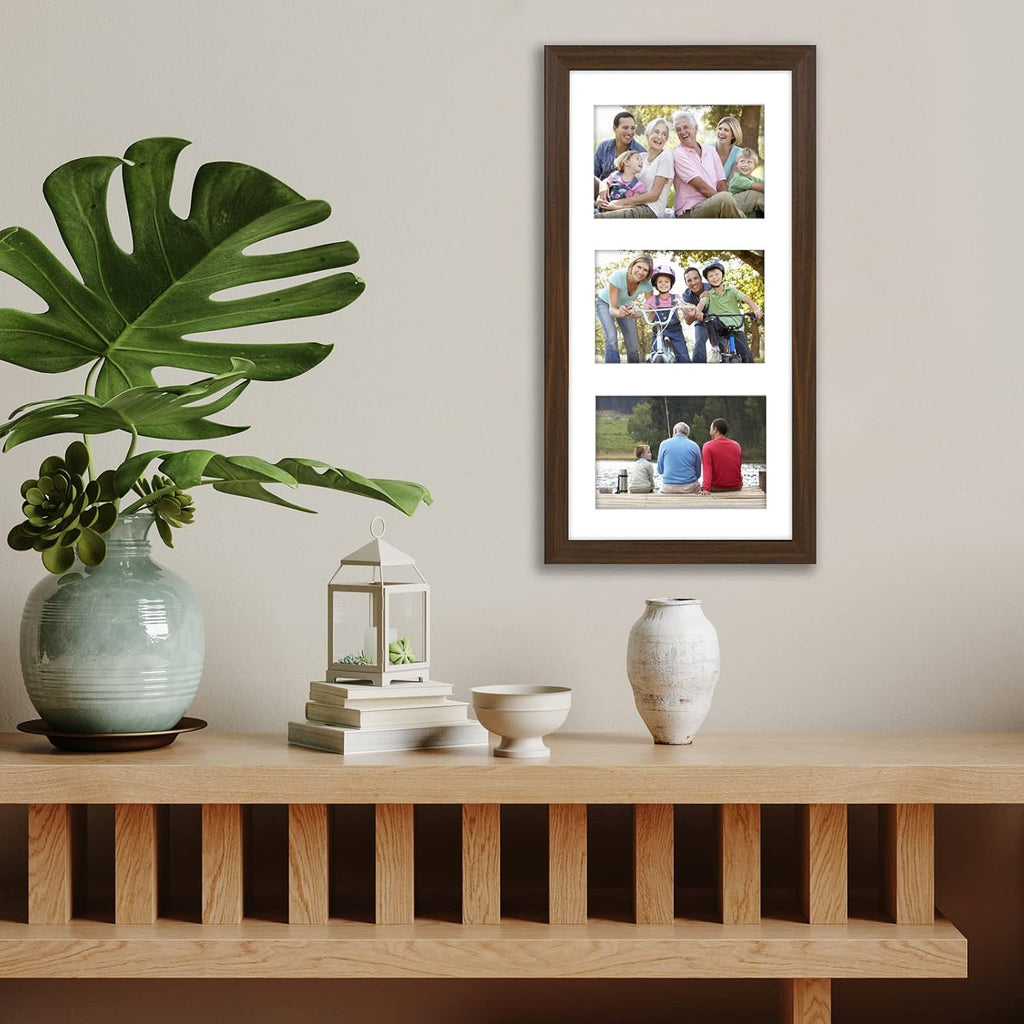 6x4 Collage Photo Frame with Shatter-Resistant Glass - Signature Collection - Fits Three 4x6 Photos or Use as One 8x16 Picture Frame for Tabletop and Wall - Walnut