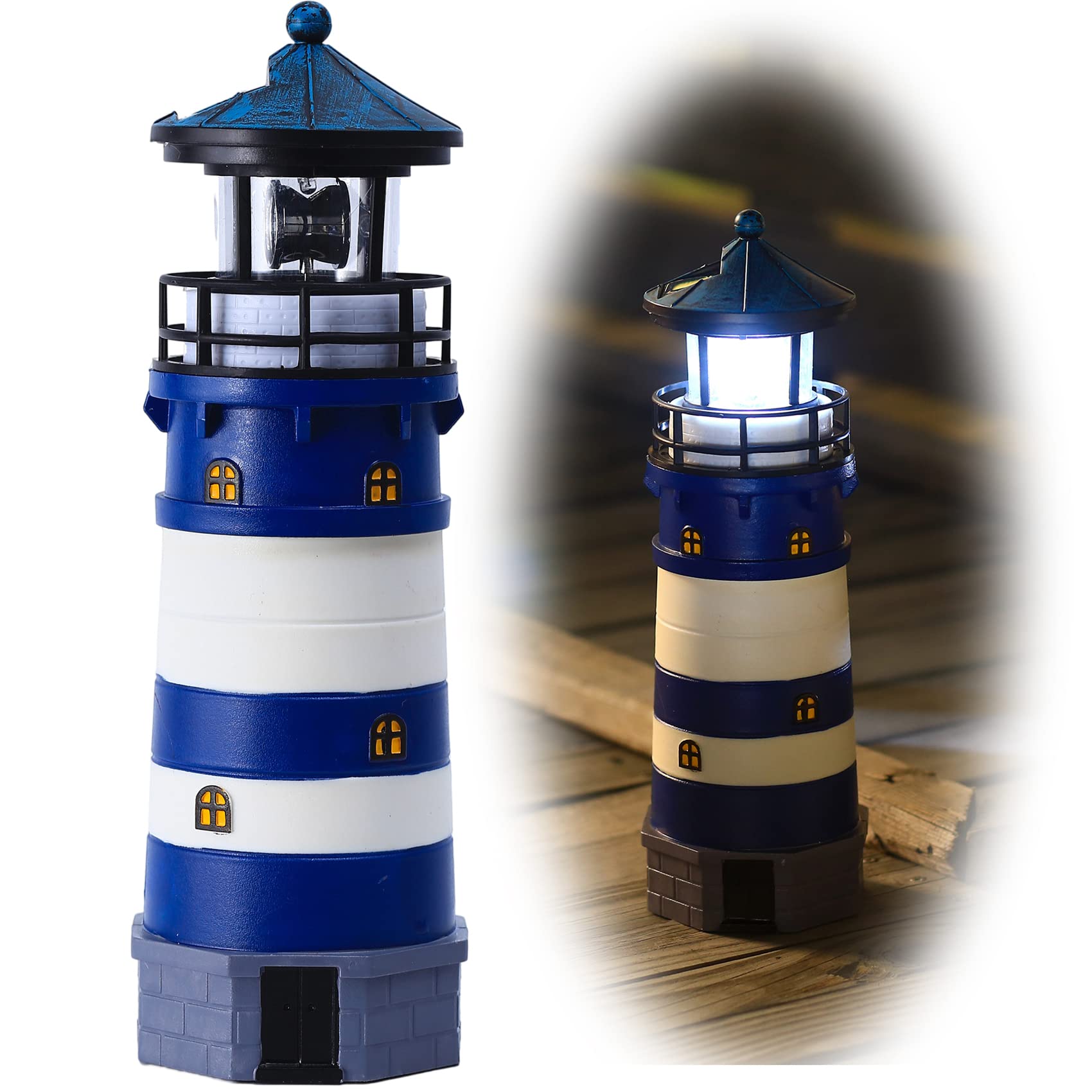 Solar Lighthouse Ornament - 30cm Tall Solar Lighthouse with Rotating Beacon, 360 Degree Rotating Lighthouse Decoration, Best Lighthouse Gifts for Children(Round Blue)