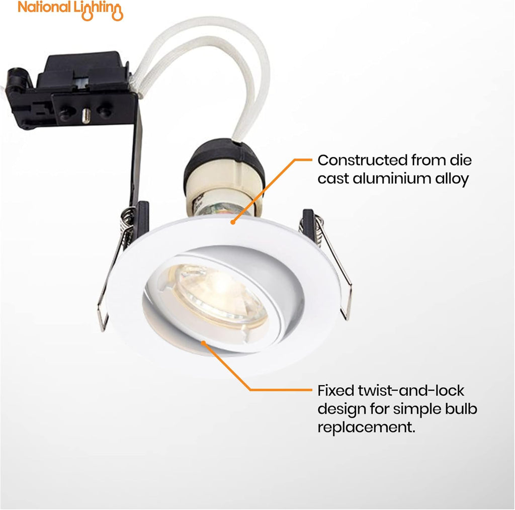 CAST Recessed Lighting - Mains Powered LED Spot Lights Downlights for Ceiling - IP20 Rated GU10 Fitting for Halogen or LED - Matt White Finish, Adjustable Tilt Version