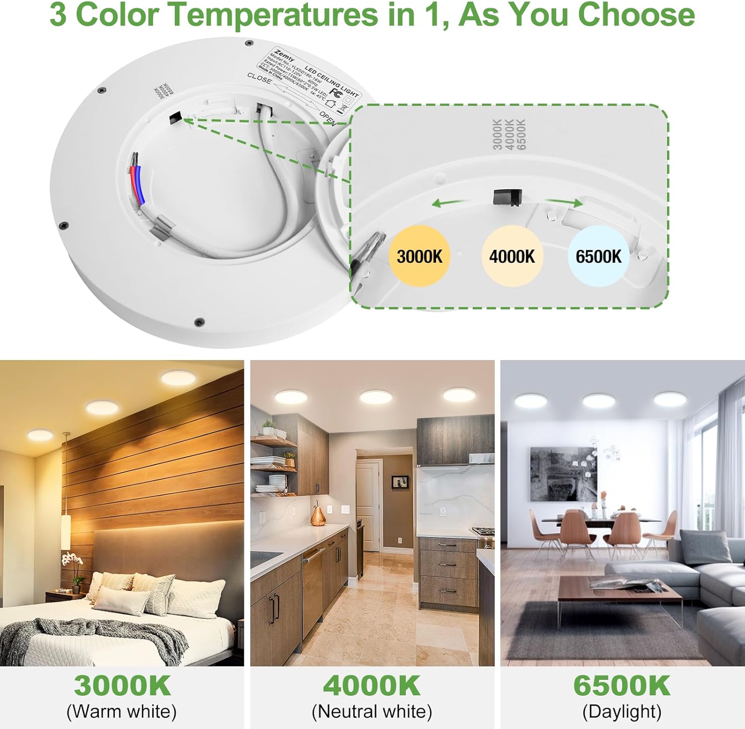 zemty 15W 1800LM LED Ceiling Light, Bathroom Lights Ceiling 3000K/4000K/6500K, IP44 Waterproof, Ultra Thin Round Flush Ceiling Light for Bedroom,Kitchen, Living Room,Toilet,Utility Room 18cm Secondary image