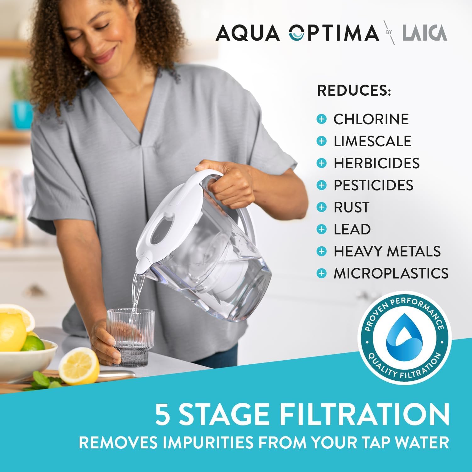 Aqua Optima Liscia Water Filter Jug & 3 Evolve+ Filter Cartridges 2.5L White - Fridge & Dishwasher Friendly, Easy Fill - Reduces Limescale, Chlorine & Other Impurities - By LAICA (Packaging May Vary)