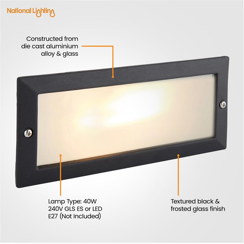 ECO Outdoor Black Aluminium & Frosted Glass Brick Light with Grille and Plain Front Panels - IP44 Rated