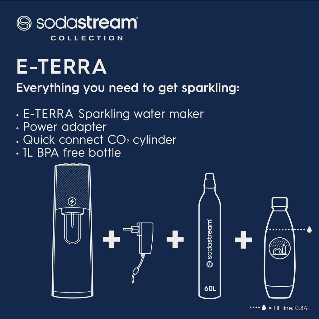 Electric Terra Sparkling Water Maker, 3 Carbonation Settings, Quick Connect CO2, Includes 60L Gas Cylinder, BPA-Free Bottle, Black