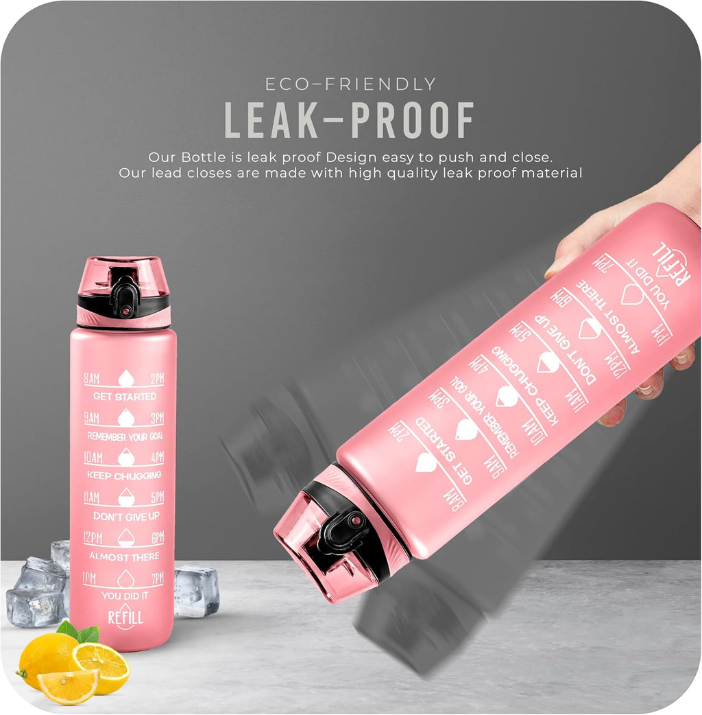 Water Bottle 1L, Sports Water Bottle with Time Markings, BPA-Free, Leak-Proof Drinks Bottle, Perfect for Running, Cycling, Gym, Yoga, Camping and Outdoor Activities, Pink