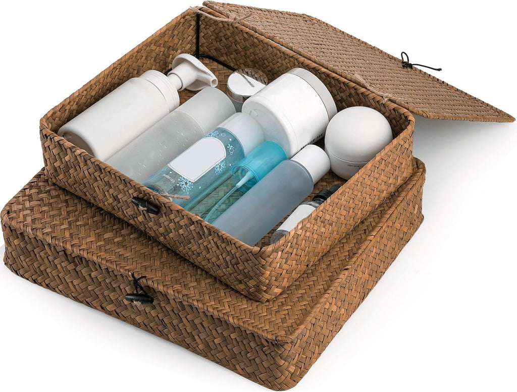 Elsjoy 2 Pack Seagrass Storage Box with Lid, Wicker Storage Baskets Flat Rattan Storage Bins, Woven Organizer Baskets for Shelf, Closet, Bedroom