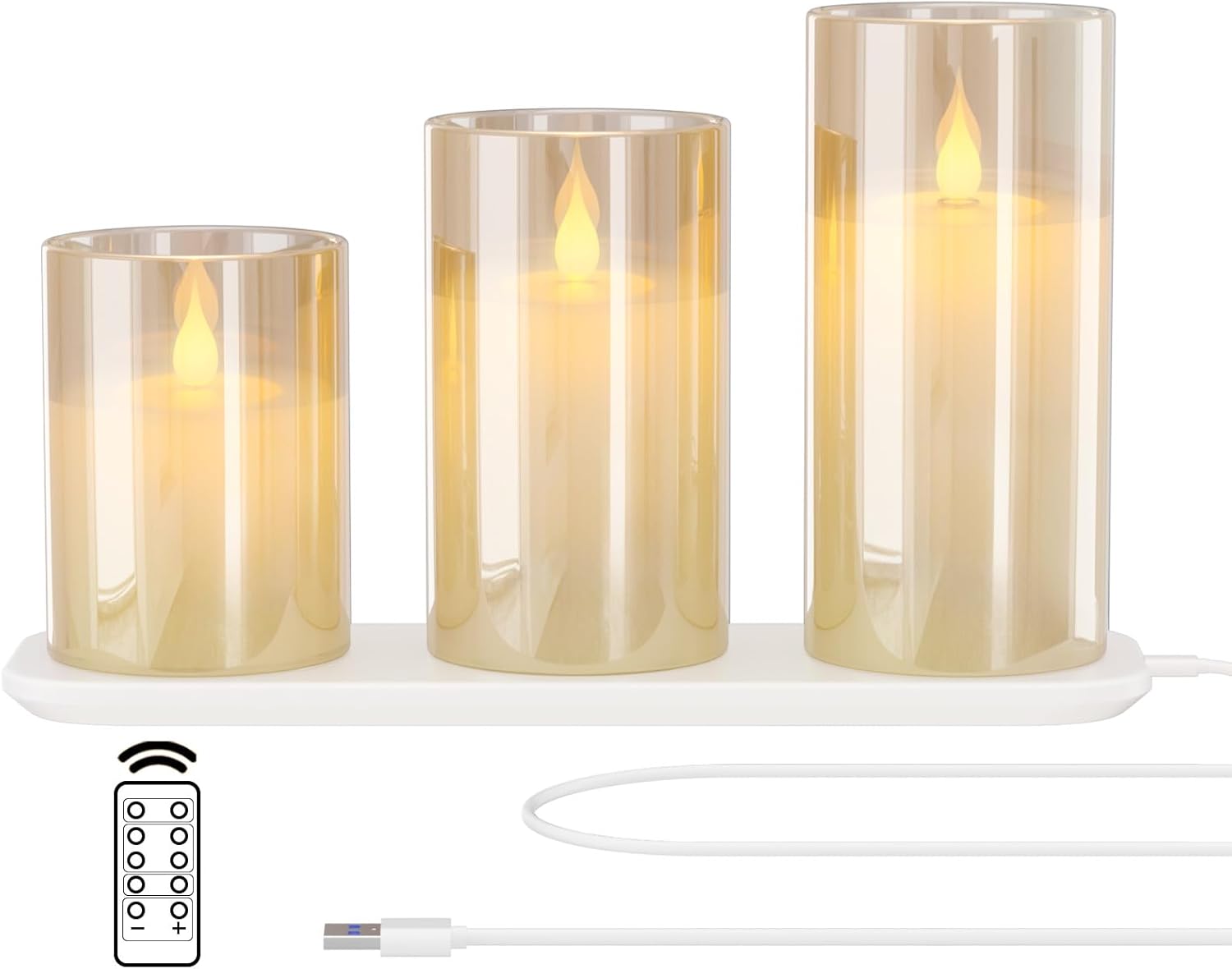 Rechargeable Flameless Candle, Set of 3 Flickering Glass LED Candles with Charging Base and Remote Control, Tea Lights with Timer Function for Festival Wedding Party Decoration