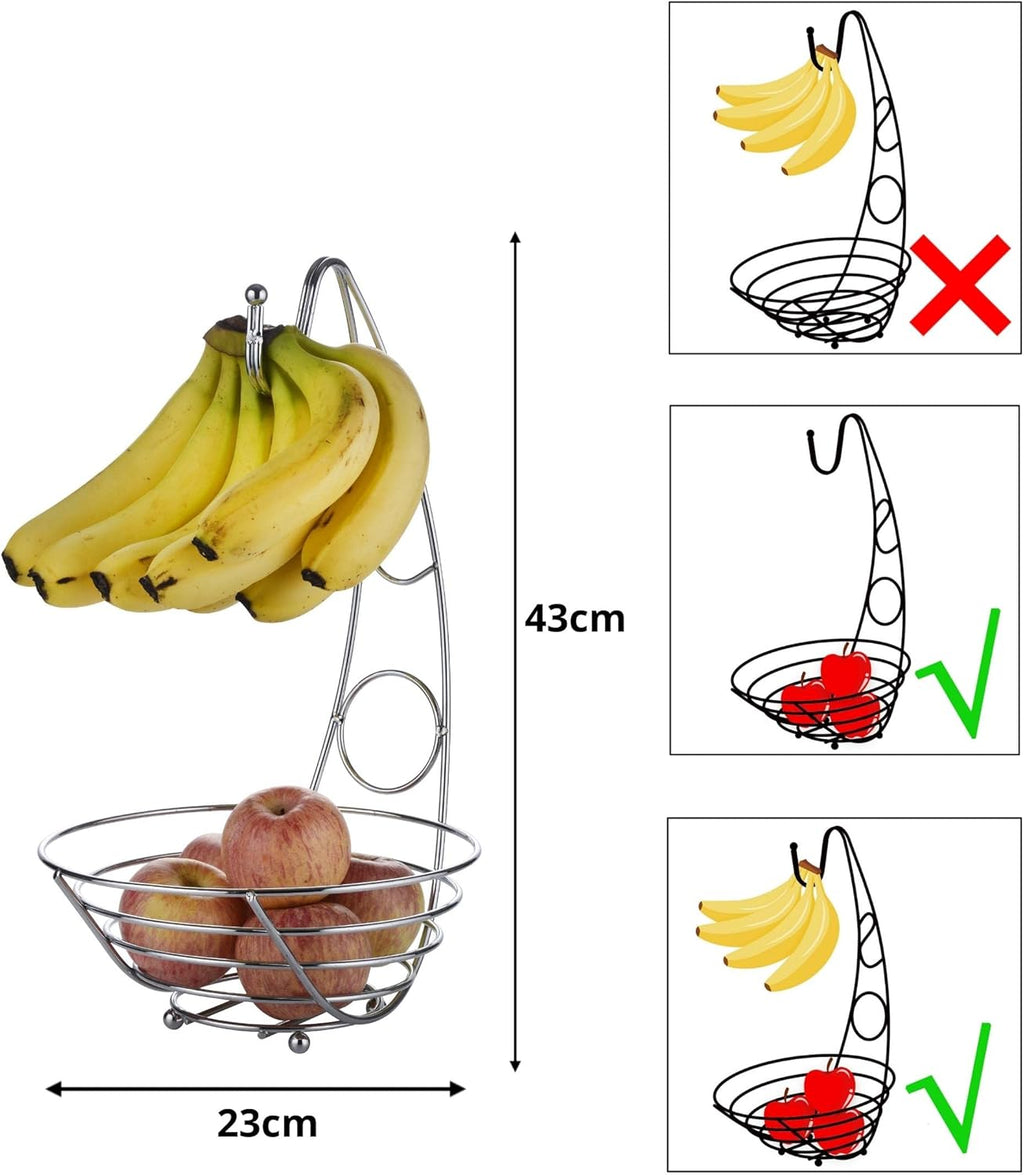 Fruit Basket Fruit Bowl with Banana Hook 43cm Tall, Wired Fruit Rack/Banna Stand Hanger - Silvery Chrome Finish