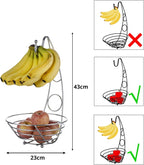 Fruit Basket Fruit Bowl with Banana Hook 43cm Tall, Wired Fruit Rack/Banna Stand Hanger - Silvery Chrome Finish