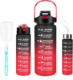 3 Pack Water Bottle BPA Free ,2L/800ML/300ML Sport Water Bottles with Straw & Brush,Motivational Time Markings, Leak-Proof, 2 Liters Gym Drinks Bottle for Adults Women, Running,Cycling -Black Red