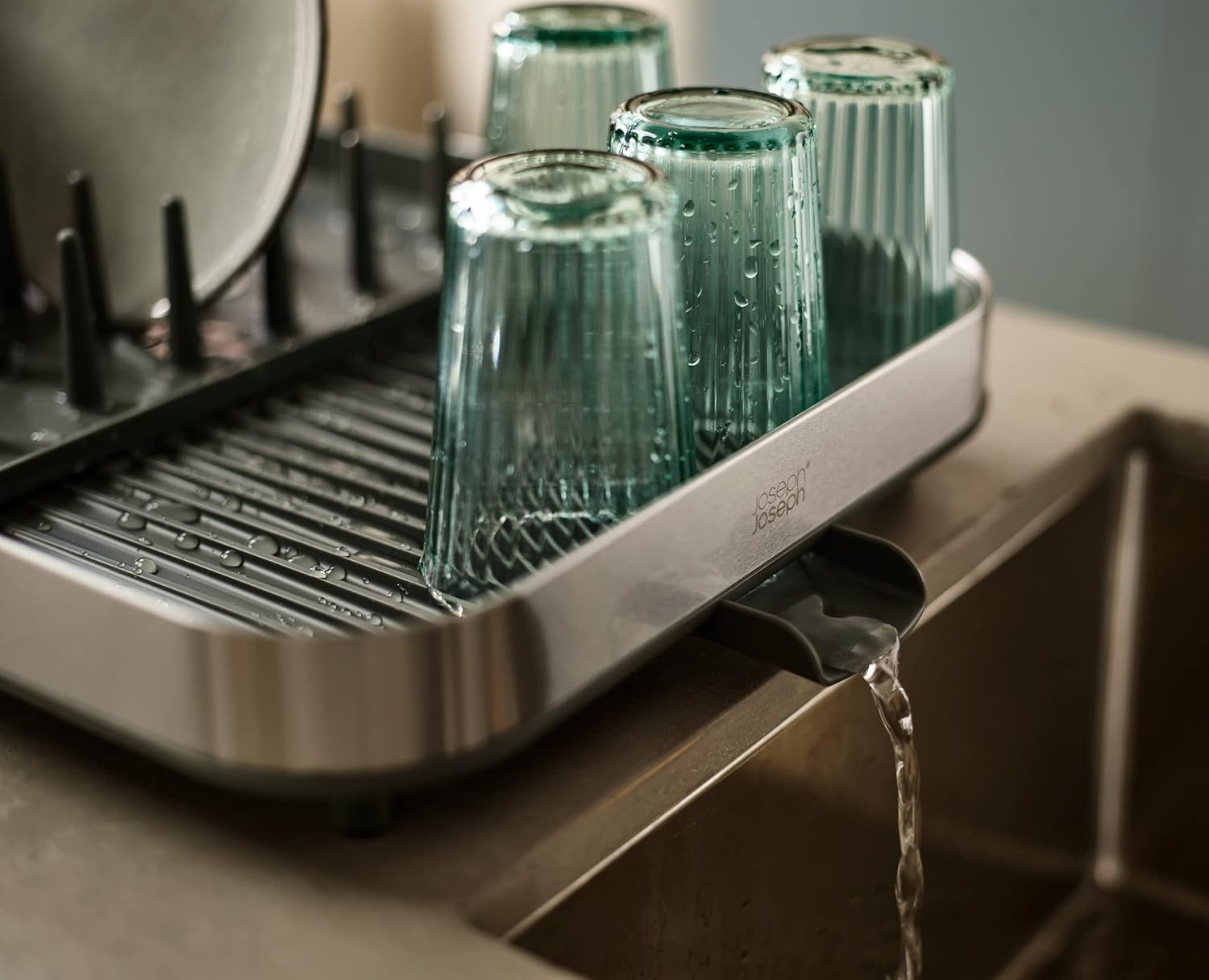 Duo Expanding Dish Drainer Rack with Removable Cutlery Holder, Draining Spout, Stainless-steel/Grey