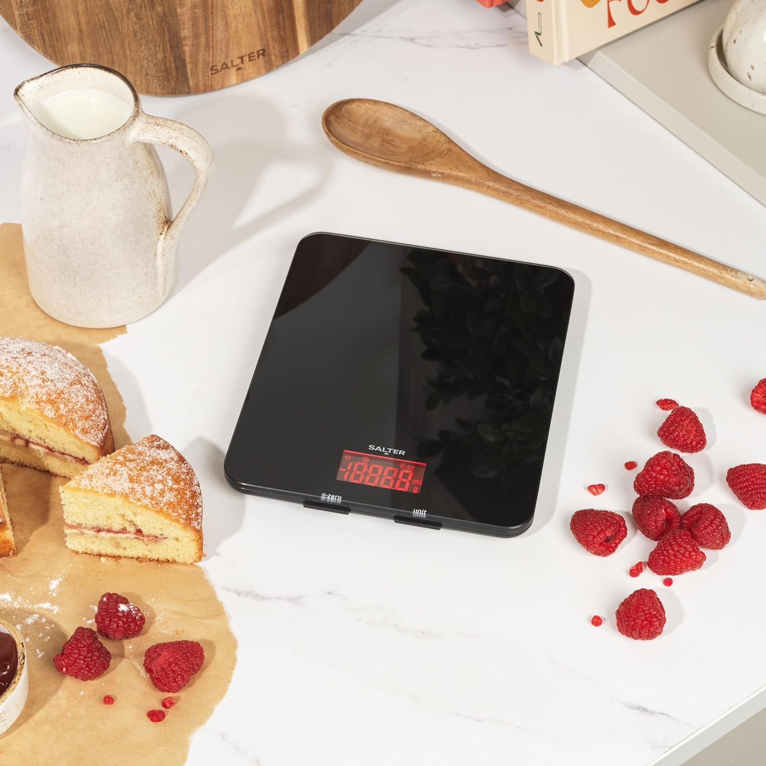1150 BKDR Digital Kitchen Scales, Stylish Glass Design, Cooking Scale for Home/Kitchen, Measures Liquids & Fluids, Metric/Imperial, Add & Weigh Function, Red Easy Read Display, Black