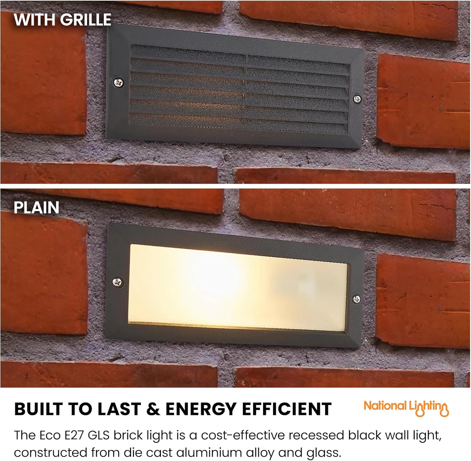ECO Outdoor Black Aluminium & Frosted Glass Brick Light with Grille and Plain Front Panels - IP44 Rated