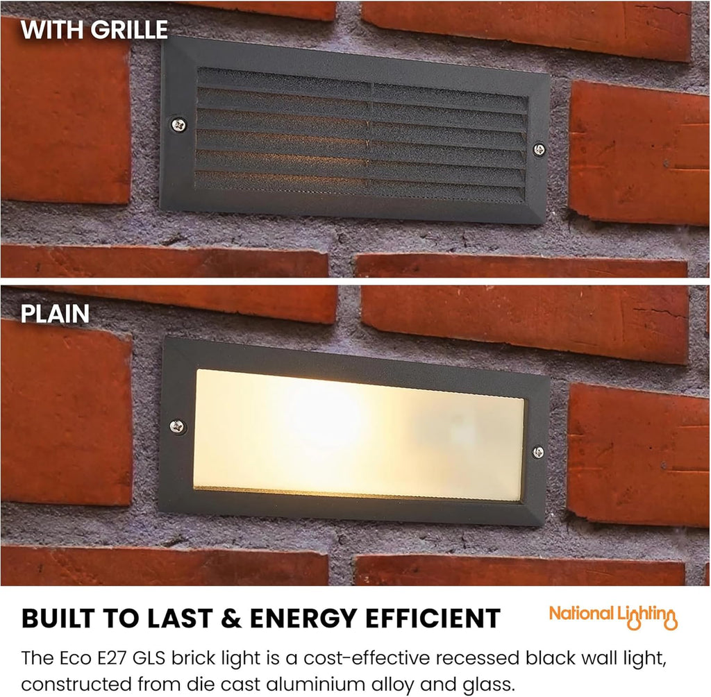 ECO Outdoor Black Aluminium & Frosted Glass Brick Light with Grille and Plain Front Panels - IP44 Rated