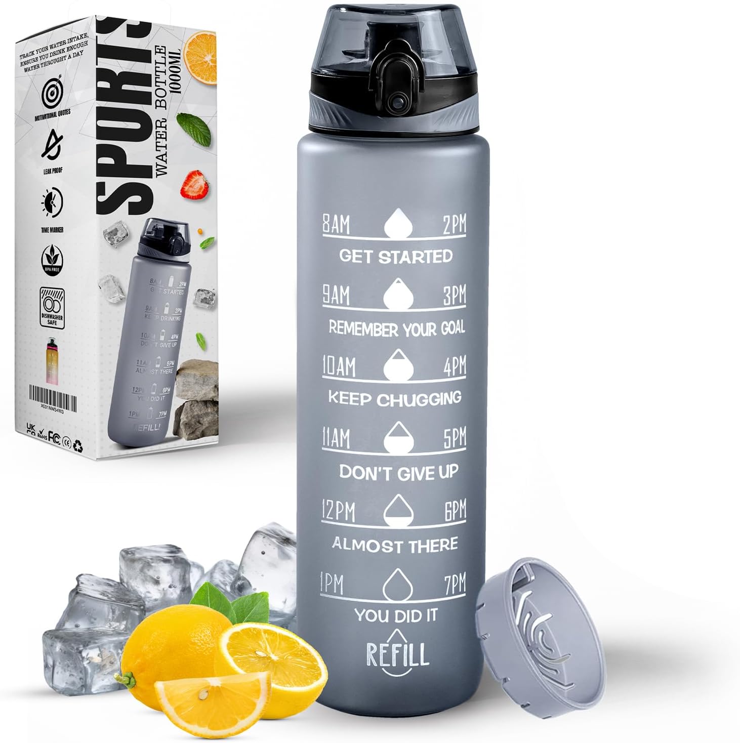 Water Bottle 1L, Sports Water Bottle with Time Markings, BPA-Free, Leak-Proof Drinks Bottle, Perfect for Running, Cycling, Gym, Yoga, Camping and Outdoor Activities, Grey Main image