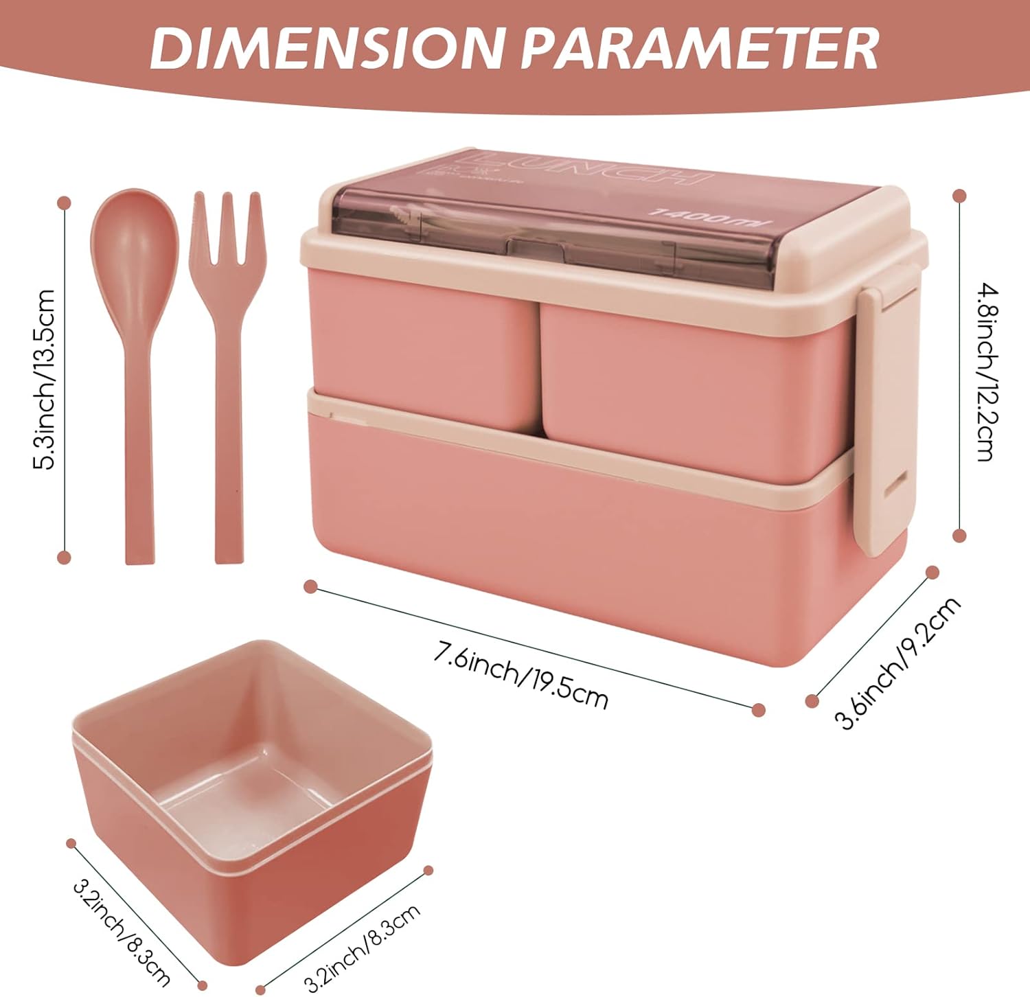 Jsdoin Bento Lunch Box Stackable,1400ml Containers with 3 Removable Compartments and Cutlery, Leak Proof 2 Layer Boxes, for Adults Kids Office Microwave Dishwasher Safe Available(pink)