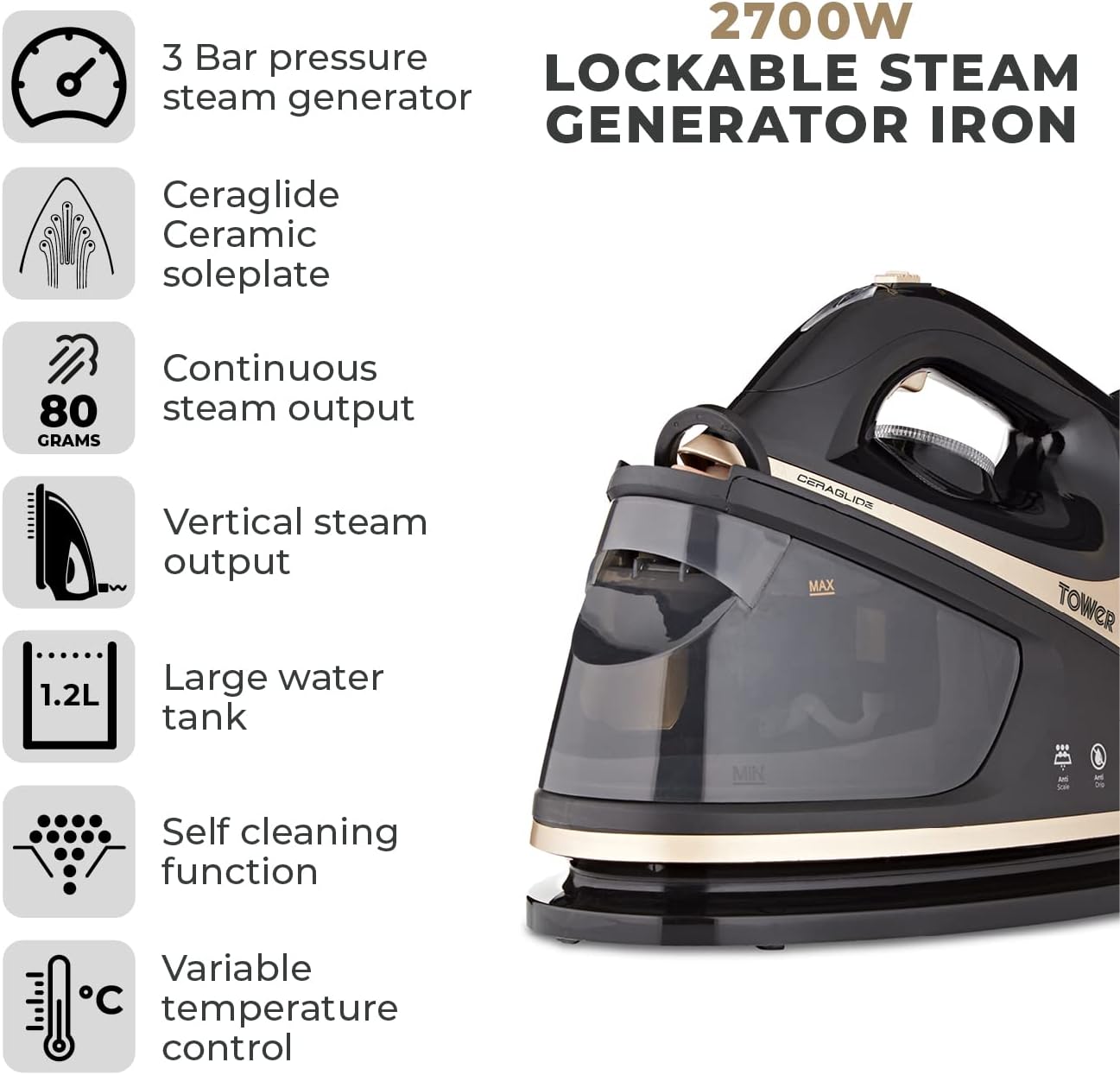 T22023GLD Ceraglide Steam Generator with Steam Shot Button, 3 Temperature Settings, 1.2L, 2700 W, Champagne Gold and Black Secondary image