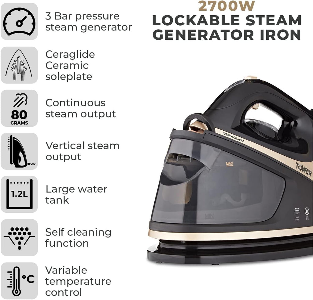 T22023GLD Ceraglide Steam Generator with Steam Shot Button, 3 Temperature Settings, 1.2L, 2700 W, Champagne Gold and Black