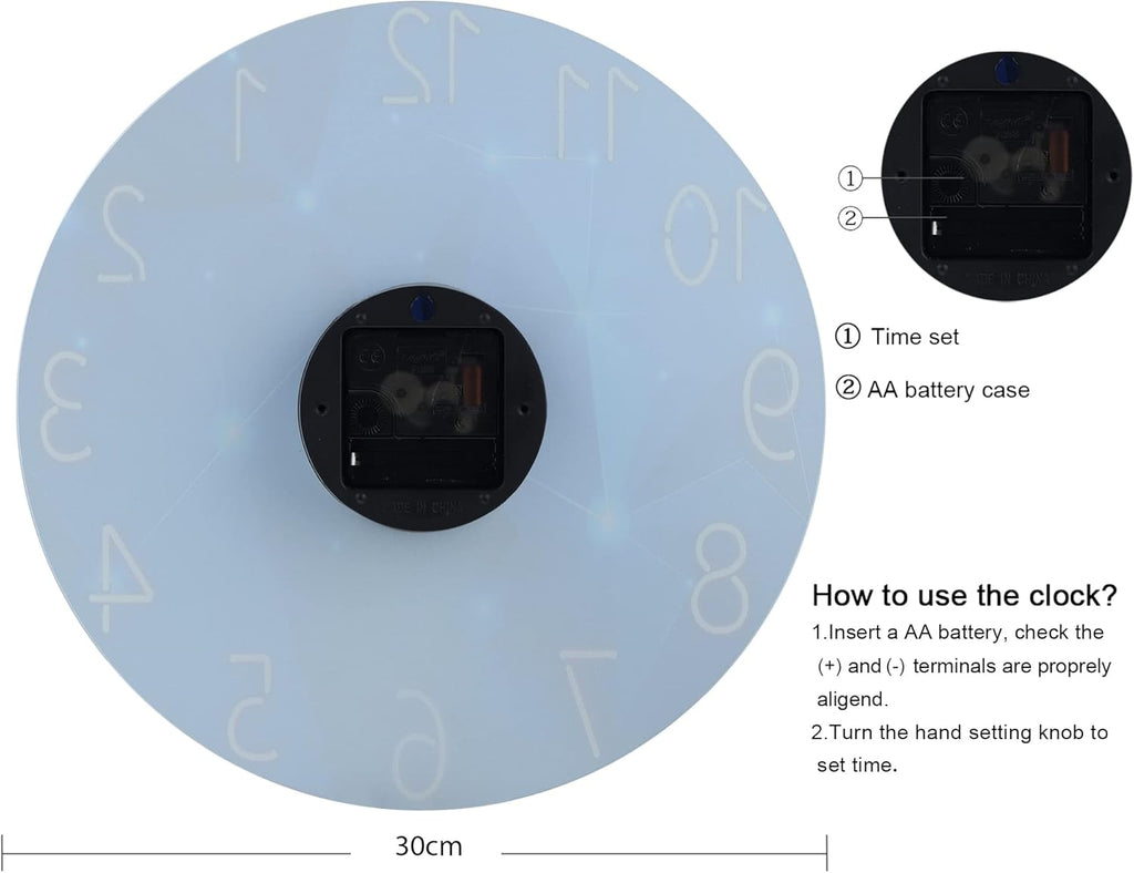 Glass Galaxy Wall Clock Blue, 12 Inch Silent Non-Ticking Battery Operated Modern Decorative Clocks for Living Room Kitchen Bedroom