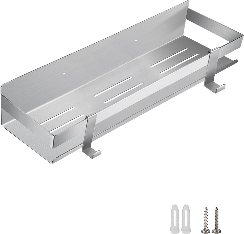 Shower Caddy,Bathroom Shelf Wall Mounted SUS 304 Stainless Steel Heavy Duty Shower Shelf With 2 pcs Hooks（Brushed Silver 15.8 Inch）