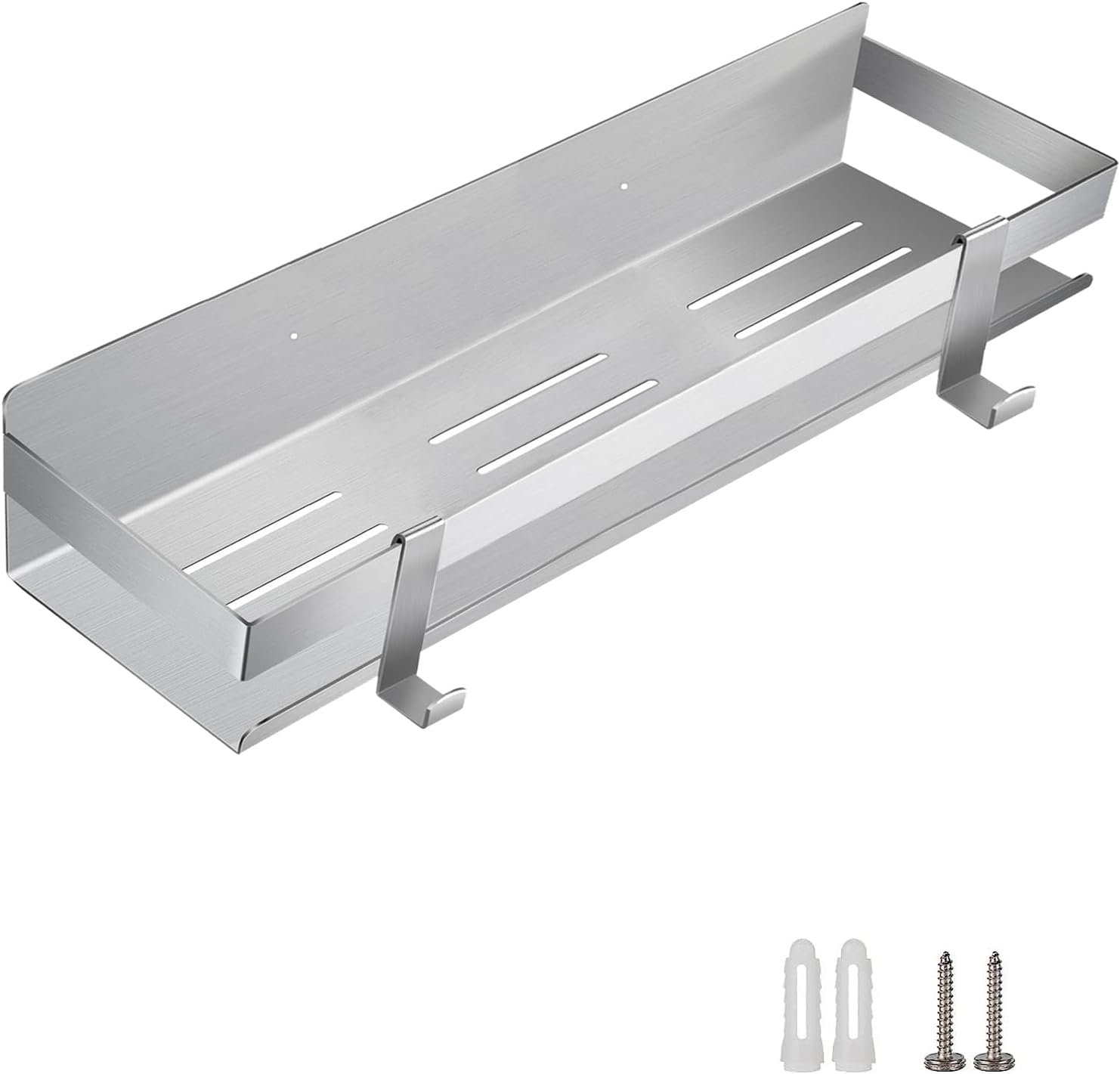 Shower Caddy,Bathroom Shelf Wall Mounted SUS 304 Stainless Steel Heavy Duty Shower Shelf With 2 pcs Hooks（Brushed Silver 15.8 Inch）