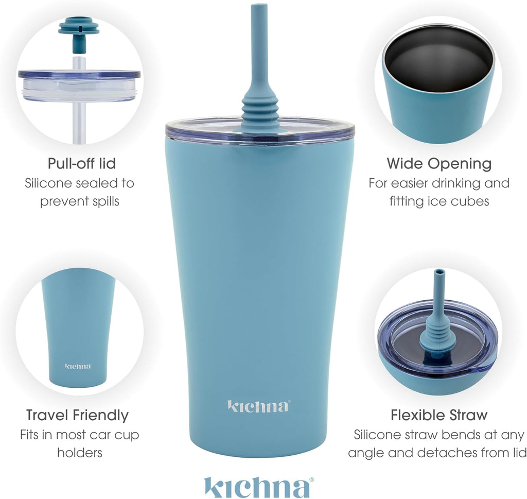 The Sipper Stainless Steel Insulated Tumbler with Straw and Lid Double Walled BPA Free Splash Proof Travel Cup for Cold Drinks 550ml - Powder Blue