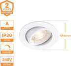 CAST Recessed Lighting - Mains Powered LED Spot Lights Downlights for Ceiling - IP20 Rated GU10 Fitting for Halogen or LED - Matt White Finish, Adjustable Tilt Version