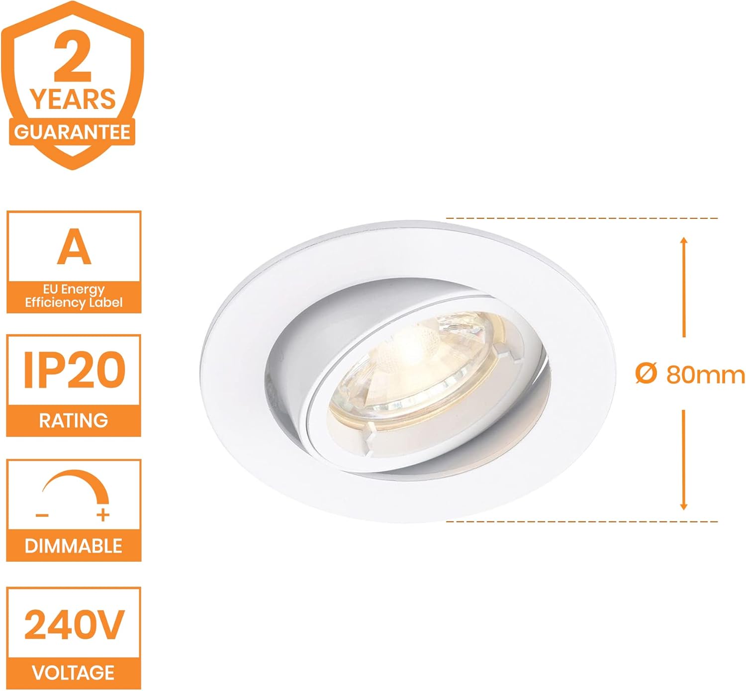 CAST Recessed Lighting - Mains Powered LED Spot Lights Downlights for Ceiling - IP20 Rated GU10 Fitting for Halogen or LED - Matt White Finish, Adjustable Tilt Version