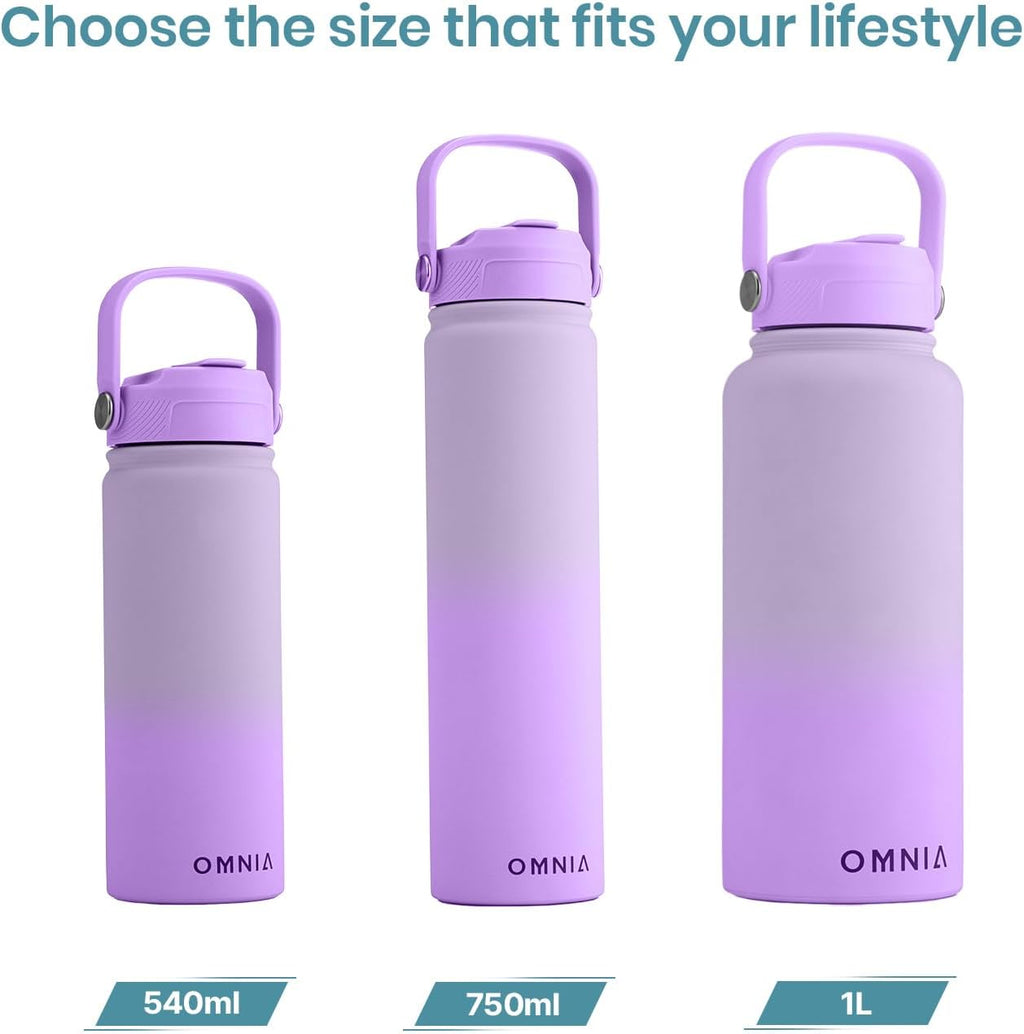 OMNIA Vacuum Insulated Stainless Steel Water Bottle, 2 Lids (Straw & Spout) Leakproof, BPA-Free, Reusable Flask, Hot & Cold Thermos for Sports, Gym, Travel, Outdoors (Gradient Purple, 750ML)