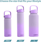 OMNIA Vacuum Insulated Stainless Steel Water Bottle, 2 Lids (Straw & Spout) Leakproof, BPA-Free, Reusable Flask, Hot & Cold Thermos for Sports, Gym, Travel, Outdoors (Gradient Purple, 750ML)