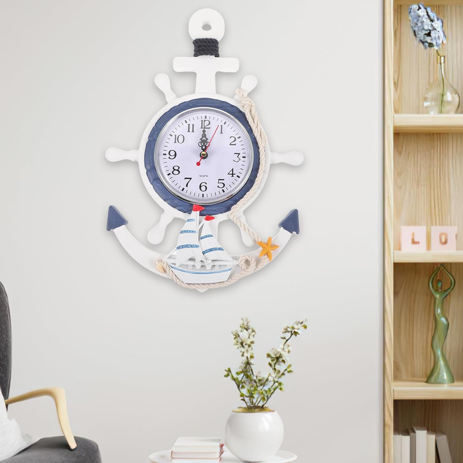 IMIKEYA Mediterranean Style Anchor Clock, Outdoor ClocksNautical Anchor Ship Steering Wheel Fishing Net Wall Clock for Beach Sea Theme Decor