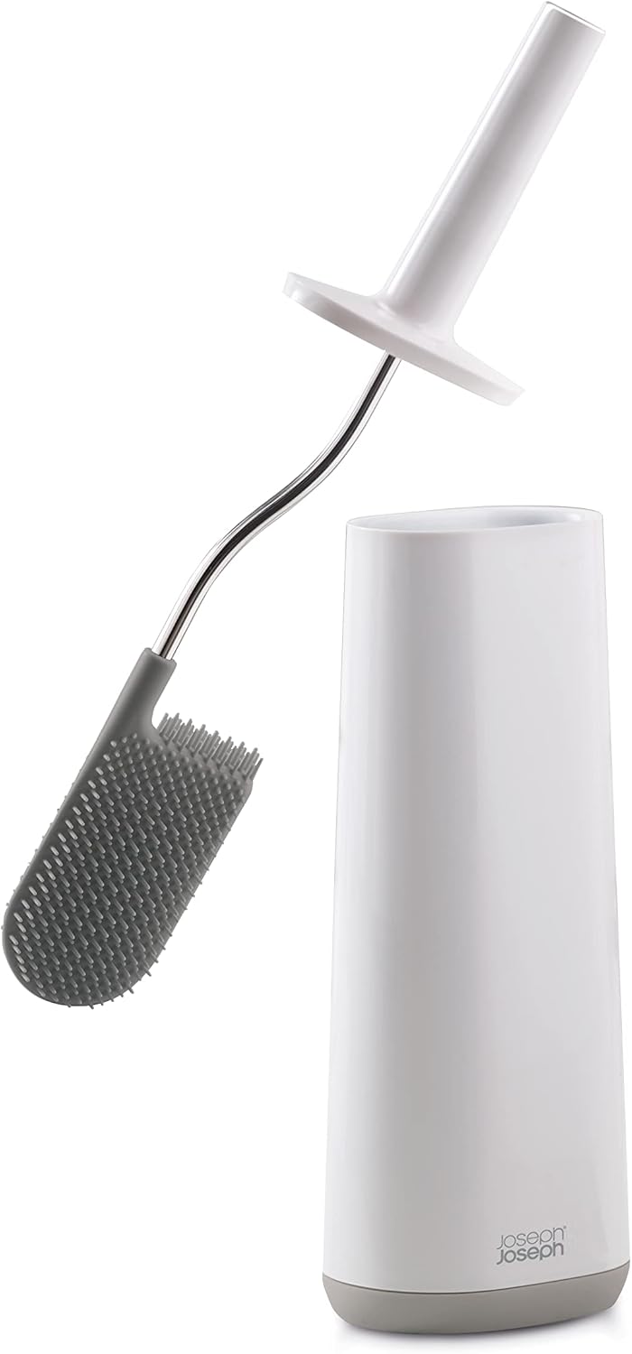 Flex - Smart Hygienic Silicone Toilet Brush with Holder Set, flexible anti-drip, anti-clog deep clean head - White/Grey