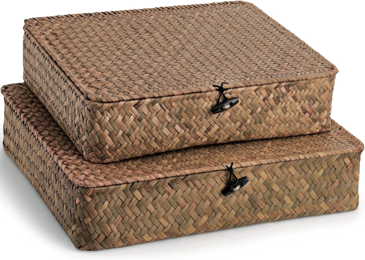 Elsjoy 2 Pack Seagrass Storage Box with Lid, Wicker Storage Baskets Flat Rattan Storage Bins, Woven Organizer Baskets for Shelf, Closet, Bedroom Main image