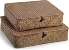 Elsjoy 2 Pack Seagrass Storage Box with Lid, Wicker Storage Baskets Flat Rattan Storage Bins, Woven Organizer Baskets for Shelf, Closet, Bedroom