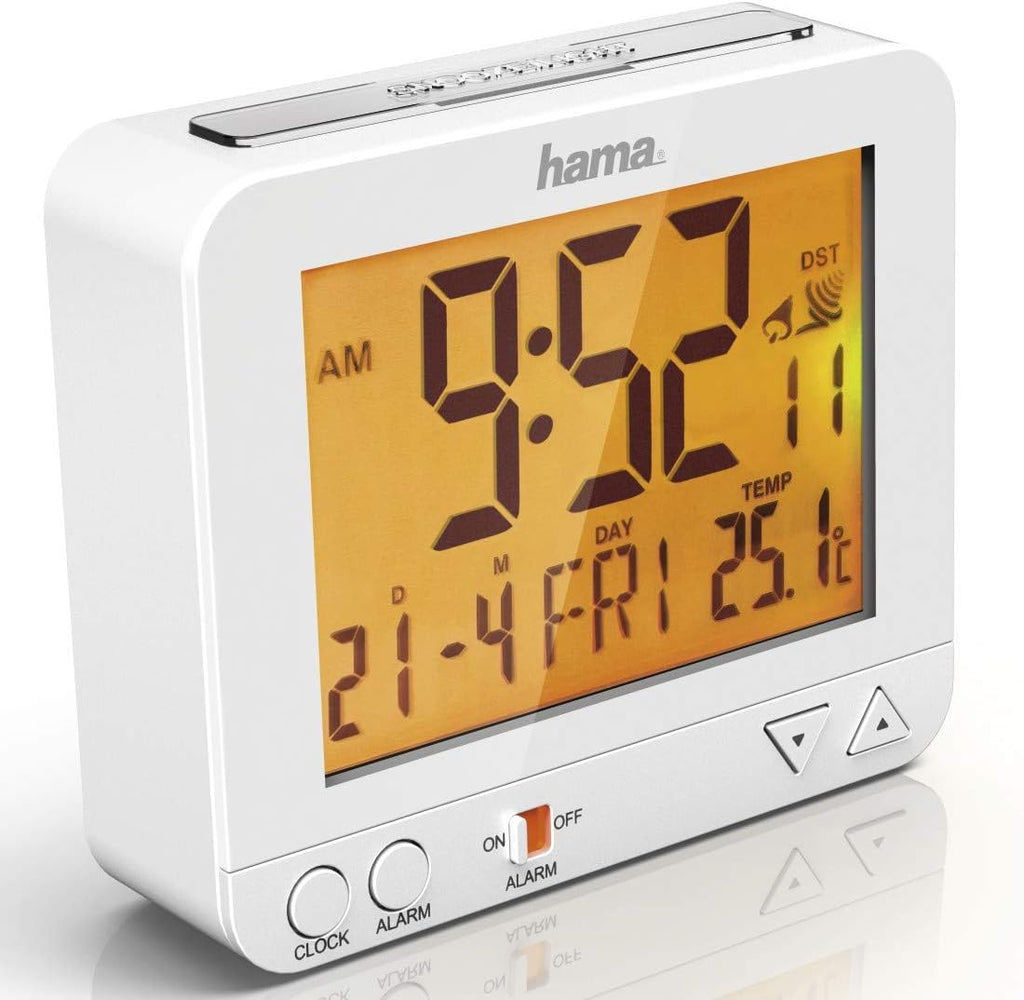 Radio-Controlled Alarm Clock RC550 (Sensor-controlled Night Light, Snooze, Temperature and Date Display) Plastic, White, 9.5 cm