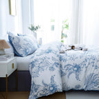 BOLINLIVING Floral Duvet Cover Queen Size 3 Pieces, Flower Duvet Cover with 2 Pillow Shams, Soft Floral Bedding Set White and Blue for All Season, Breathable, Zipper Closure, Queen(90''x90'')