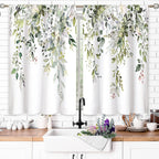 Eucalyptus Botanical Leaves Floral Kitchen Window Curtains Over Sink Boho Farmhouse Flower Leaf Small Window Treatment Sage Green Cafe Short Curtains for Bathroom Tier Drapes 27.5x39 inch